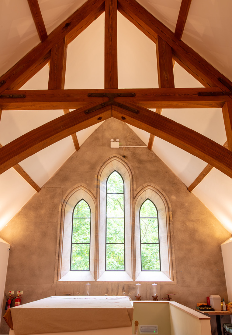 bronze windows at old chapel cafe