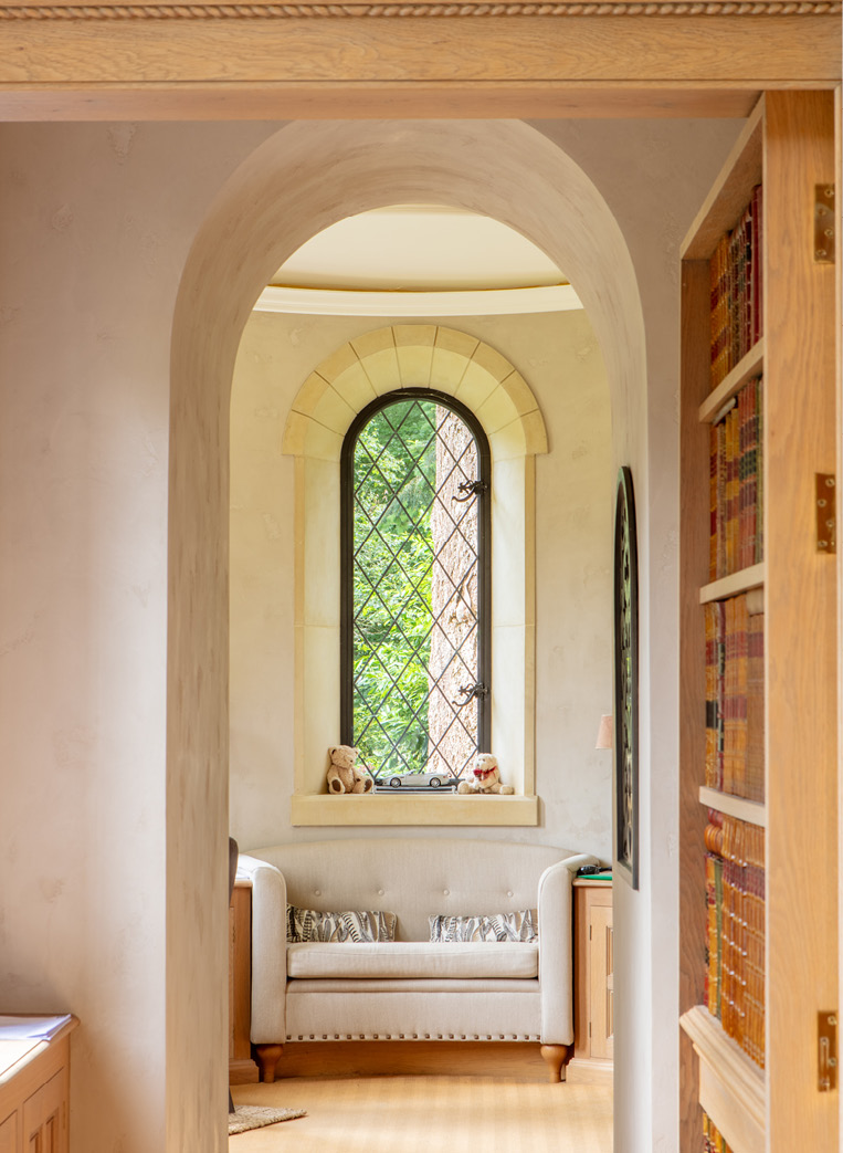 arched leaded metal window inside
